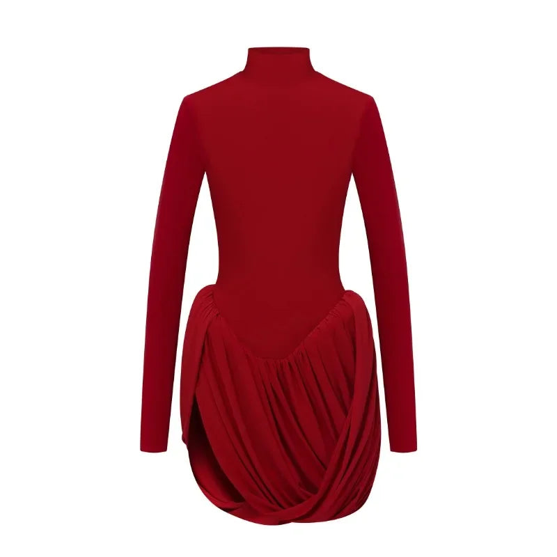 Tuularose Red Hollow Dress Women High Waist Sexy Backless Long Sleeve Gathered Dress Summer Patchwork Retro Party Evening Dress