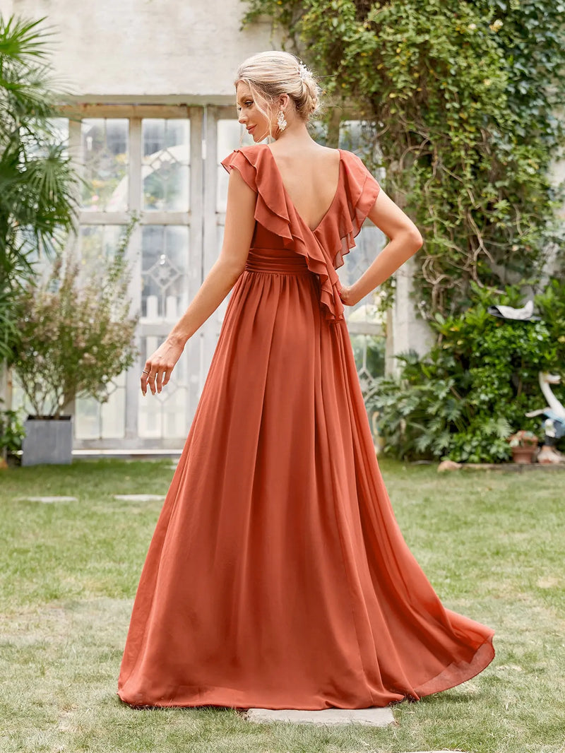 Vestido de noite longo com decote em V, manga curta, babados, renda, vestido de baile, vestido de festa, vestido de madrinha