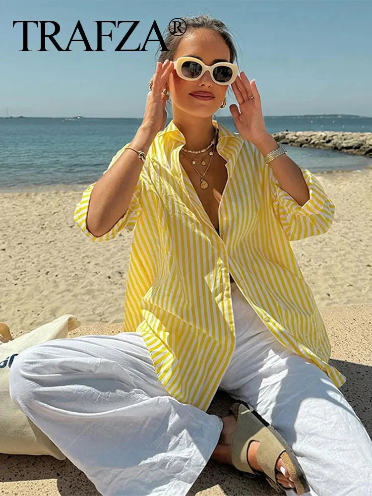 TRAFZA Blusa Listrada Amarela Feminina Calça Terno Camisa Solta Manga Longa Calças com Cordão