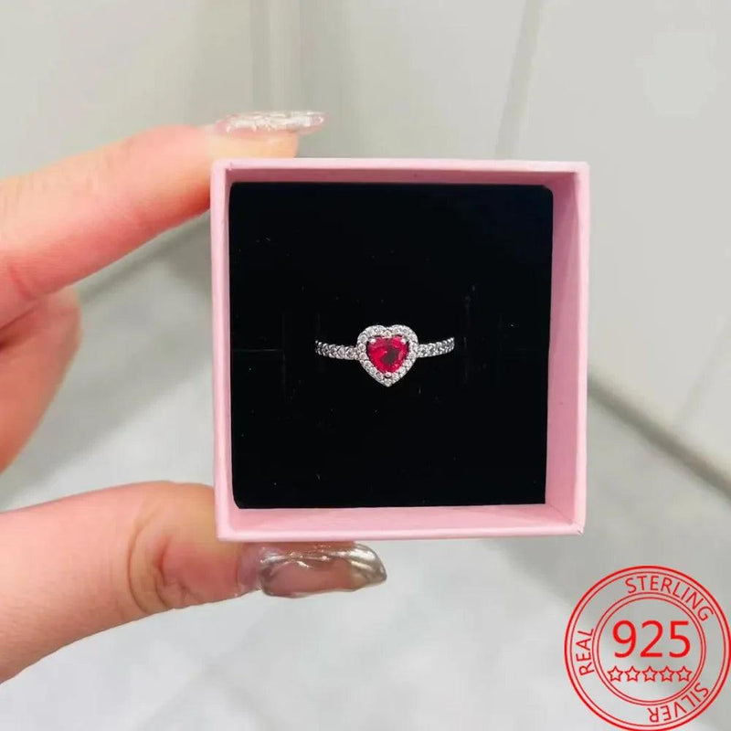 New 925 Sterling Silver Sparkling Heart Halo Pendant Collier Necklace Red Heart Ring Round Hoop Earrings Women Jewelry Set Gift - CRAVO ROSE