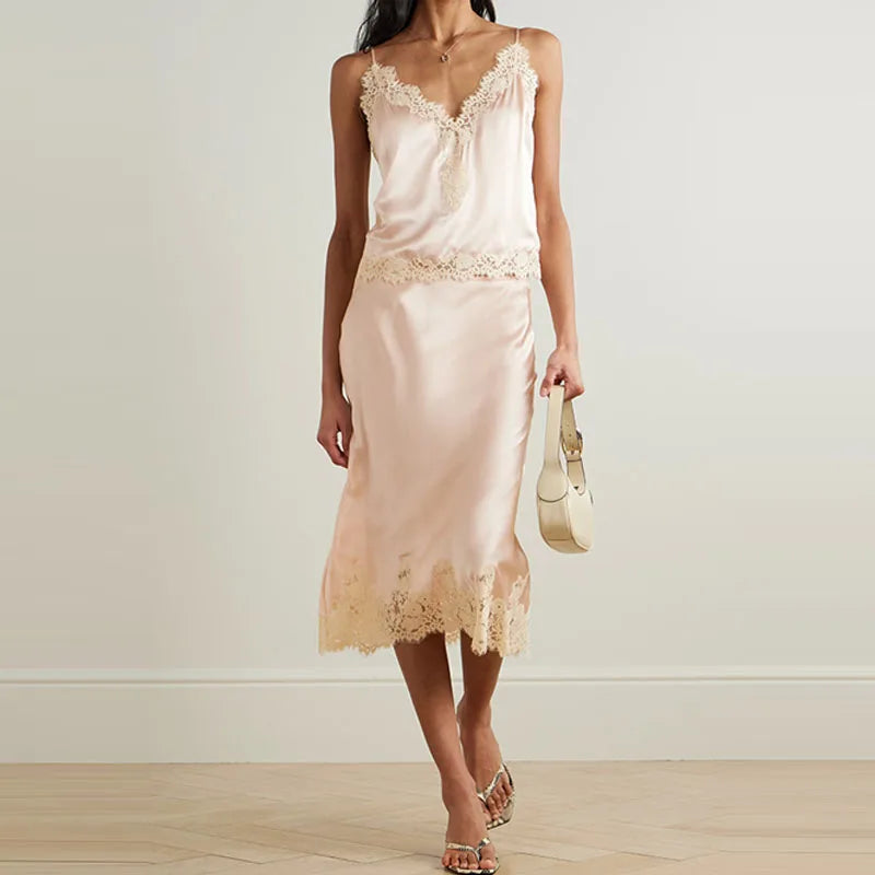 Lace Patchwork Slim Fit Two Piece Set Sexy Lady V Neck Sling Top and Long Skirt Suit Fashion Hollow Out Sleeveless Summer Outfit