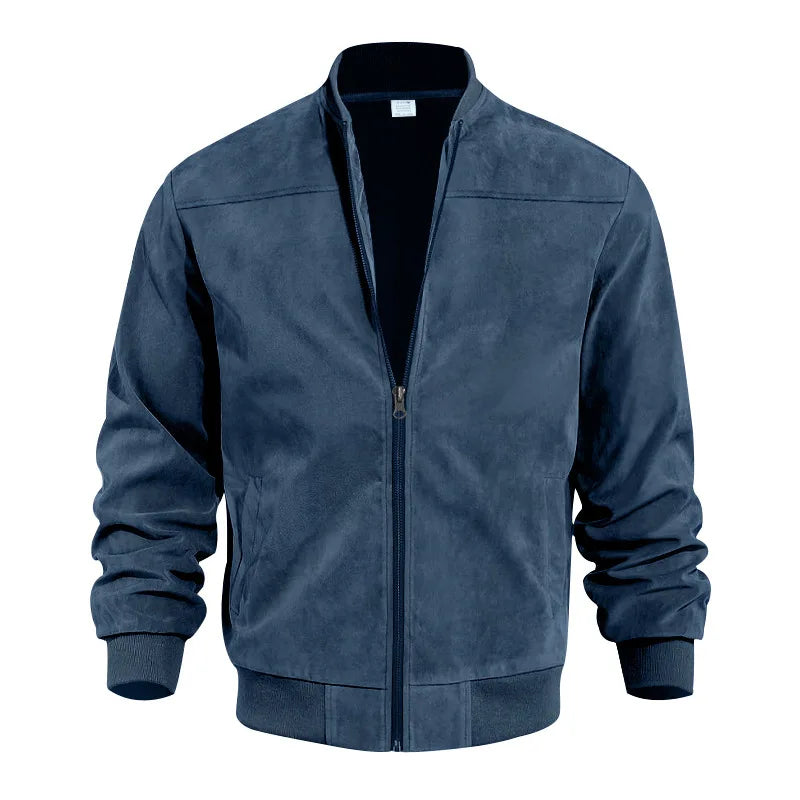 Men's Business Casual Suede Jacket Zipper Collar Warm Sporty Outerwear Polyester Fabric Long Sleeve round Hem Knitted Sleeve