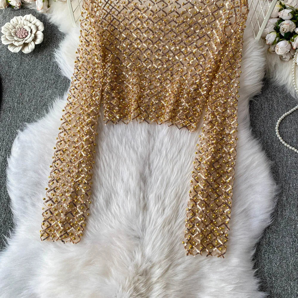 Slim Fit Short Sleeveless T-Shirt Women's New Style round Neck Long Sleeve Shiny Sequin Heavy Duty Bead Commute Style Korean ...