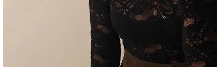 Fleece Lined Lace Base Shirt Women's Autumn Winter Hollow out Mesh Top Trendy Commute Style High Neck Long Sleeve  Color