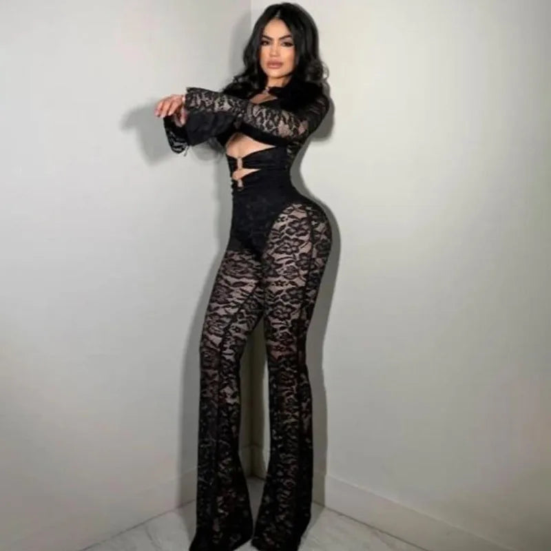 Sexy Hollow out Micro Flared Jumpsuit Long Pants  Lace Shirt Thickened Winter Collection for Elderly Women