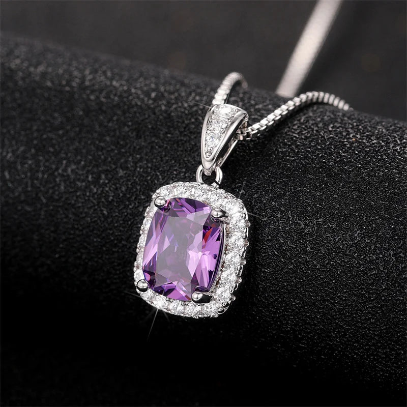 Huitan Gorgeous White/Green/Purple/Pink Cubic Zirconia Women Necklace Simple and Elegant Design Female Wedding Trendy Jewelry