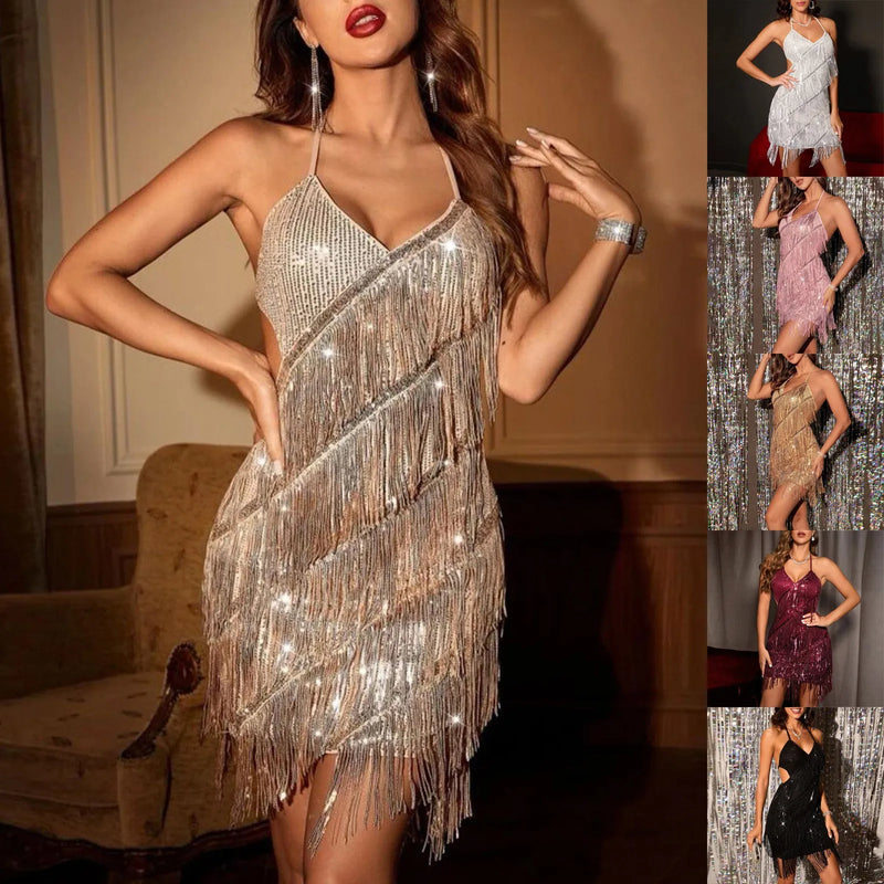 Women's Sequins Tassel Dress Sexy Fringe Glitter Robe Sleeveless Sling Mini Dress Cocktail Evening Party Dresses Vestidos - CRAVO ROSE