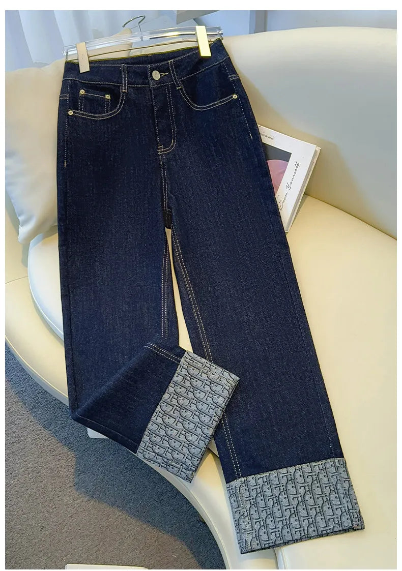 High-End Women's Straight Leg Jeans Loose Fit Spring Season Roll up Capri High Waist Denim Blue Flip  Thermal Regulation