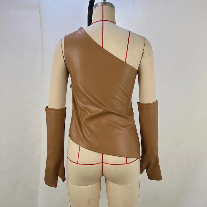 Camiseta regata de couro PU Gtpdpllt, gola diagonal, moda assimétrica, franzida com mangas, camiseta sexy de verão para mulheres, roupas Y2K