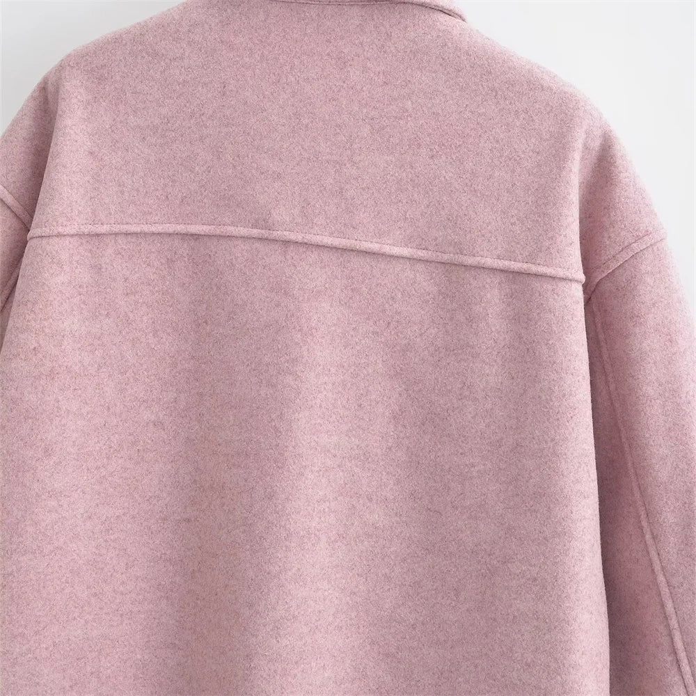 Casaco de lã feminino elegante e casual versátil de manga comprida e abotoamento simples