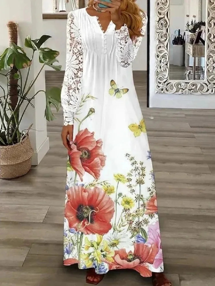 Spring Summer Women's New Fashionable Printed V-neck Sexy Lace Lace Patchwork Single Breasted Long Casual Comfortable Dress