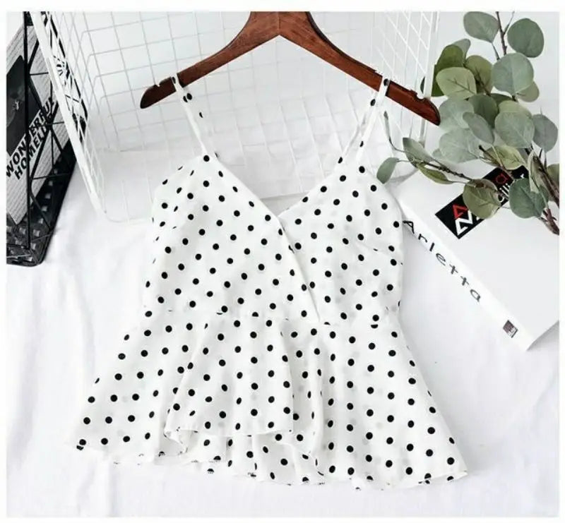 Red Polka Dot Print Chiffon Short V-Neck Sleeveless Sexy Pullover Women's Blouse Shirt Korean Fashion Female Clothing Tops 2024
