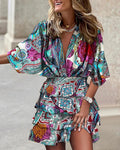 Print  Cross-border independent station fashion classic explosive autumn bat sleeve V-neck hemline irregular dress women's dress