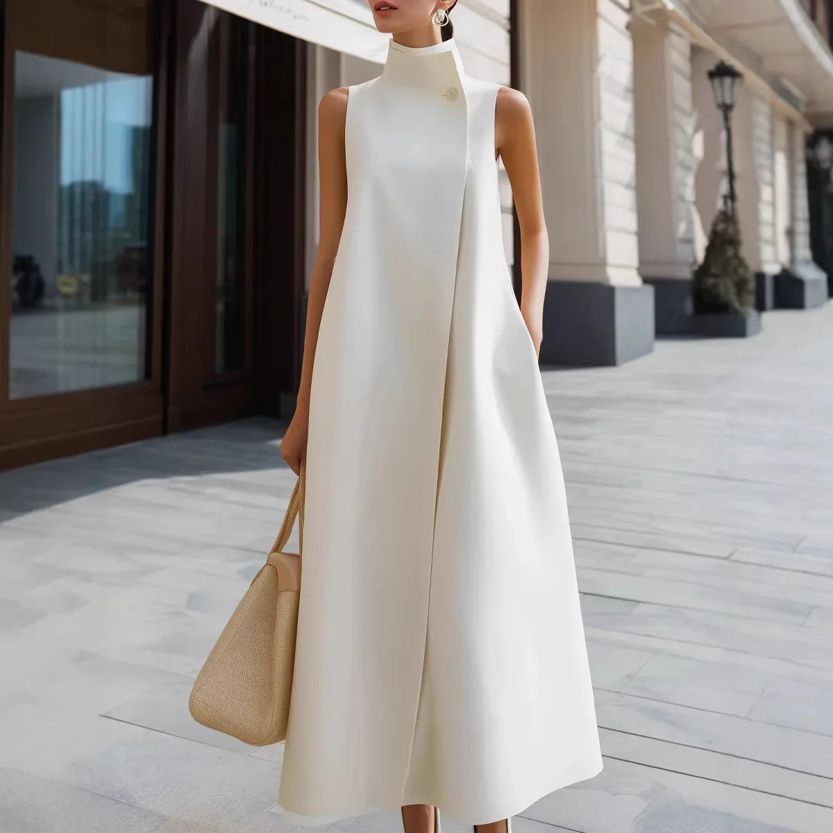 2026  Europe & America Cross-Border New Elegant Commuter Stand Collar Single Button Solid Color Sleeveless Vest Dress