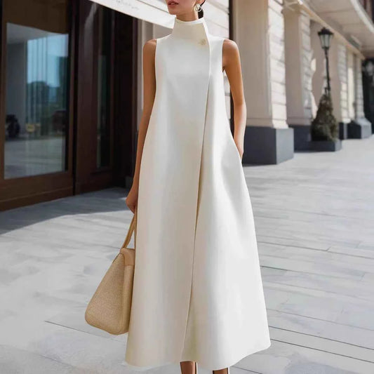 2026  Europe & America Cross-Border New Elegant Commuter Stand Collar Single Button Solid Color Sleeveless Vest Dress