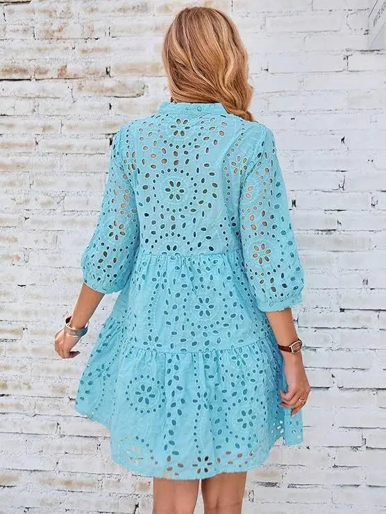 Spring Summer New Solid Color Hollow Out Fashion 7 Point Sleeve Dress Wmen's Casual Loose Simple Elegant Female Holiday Dresses