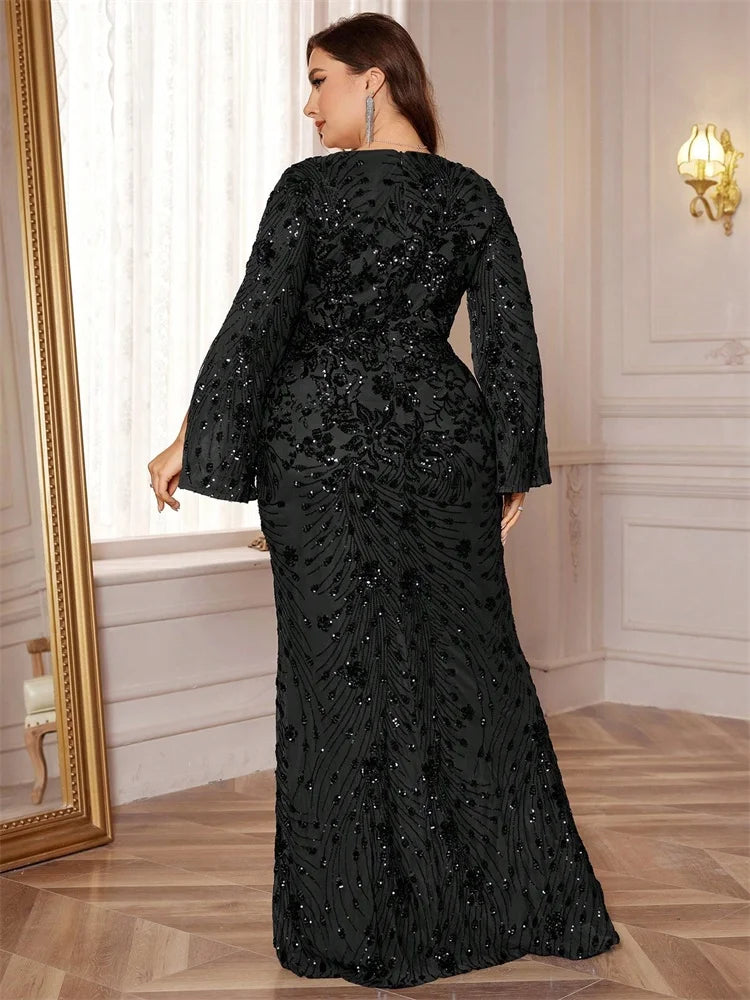 Lucyinlove Plus Size Luxury Gold Evening Dresses Women 2025 Long Sleeve Mermaid Formal Sequins Prom Wedding Party Cocktail Gowns