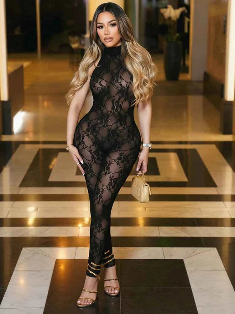 Weird Puss See through Backless Jumpsuit Women Sexy Wild Jacquard Bandages Halter Sleeveless Stretch High Street Party Clubwear