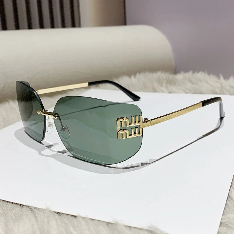 Classic Sun Glasses Female Funky Metal Luxury Rimless Sunglasses Women Brand Designer Rivets Rectangle Gradient Curved Shades