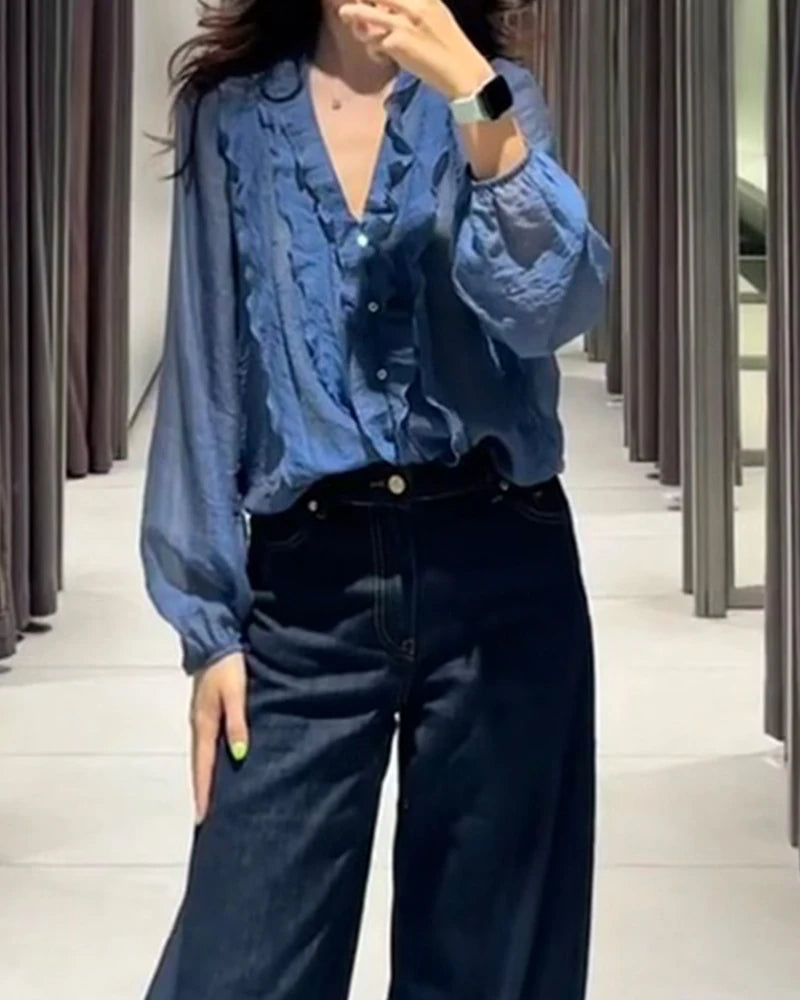 Women Shirt 2025 New Fashion Autumn Long Sleeve Layered Decorative Blouse for Women Casual Chic V-neck Ladies Top