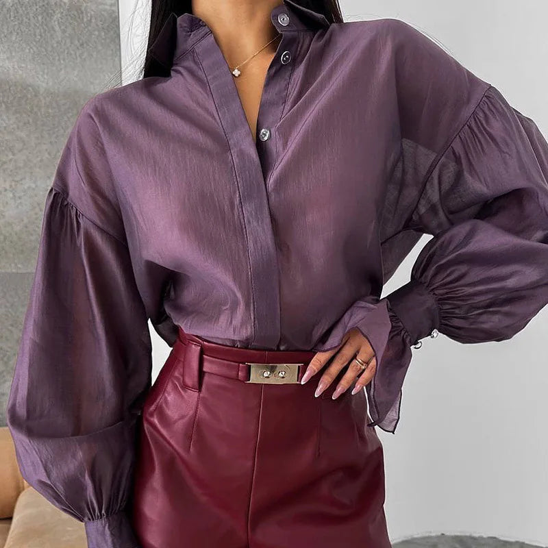 New Spring Autumn Flare Long Sleeve Office Lady Blouses Fashion Turn-down Collar Button Thin Shirt Casual Solid Loose Women Tops