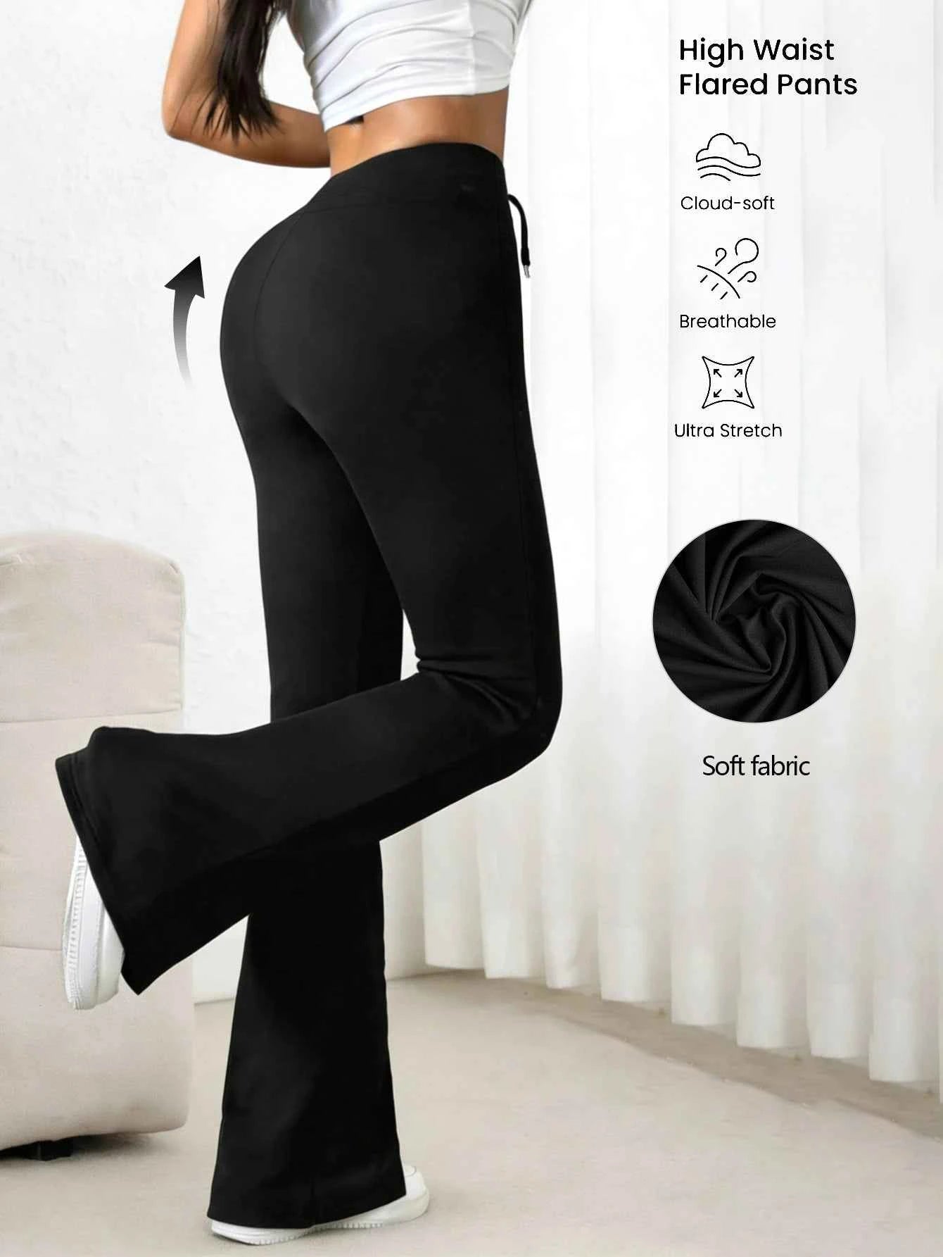 Women's Black High Waisted Bell-bottom Pants 2026 Spring Drawstring Waist Stretchy Skin-friendly Breathable Casual Daily Trendy
