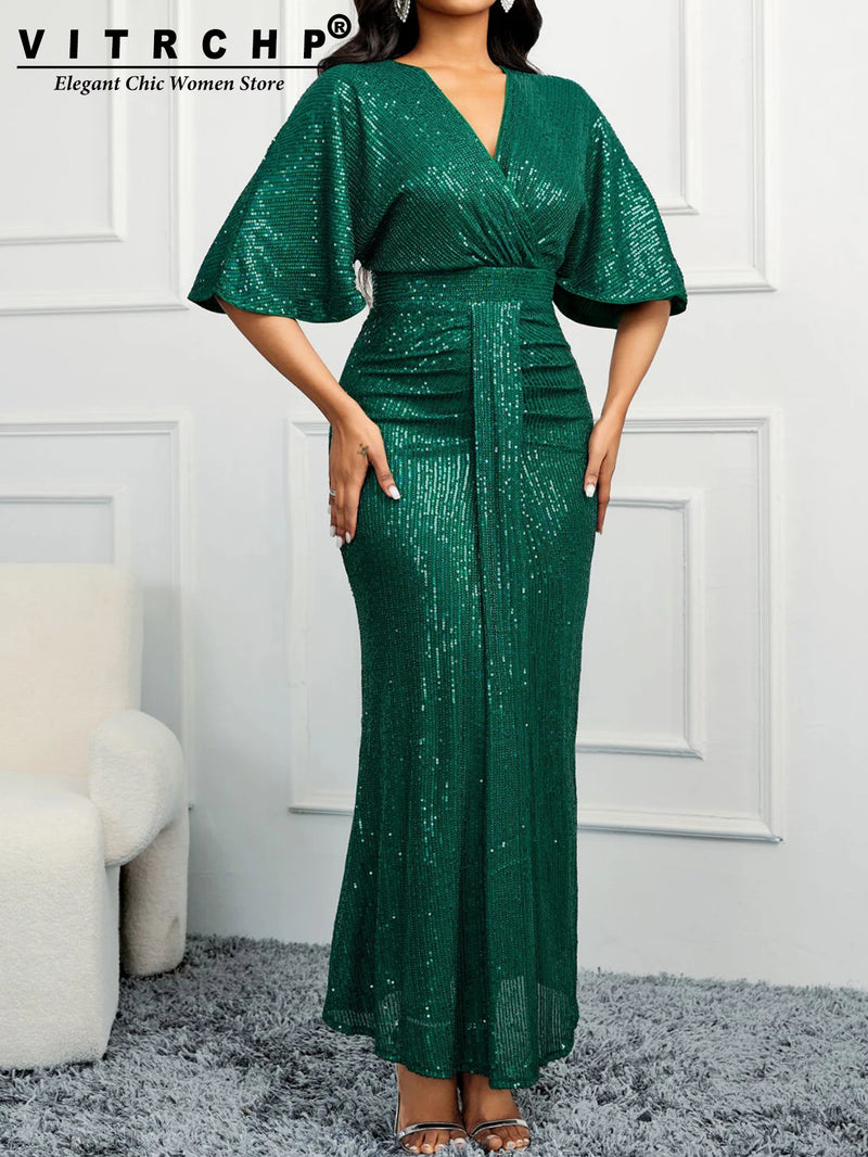 VITRCHP Batwing Sleeved Evening Dresses 2025 Mermaid Sexy V Neck Gown Prom Glitter Elegant Short Sleeves Long Party Dress
