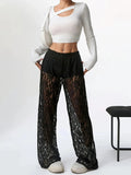 Calça casual de cintura renda jacquard micro transparente, emenda reta