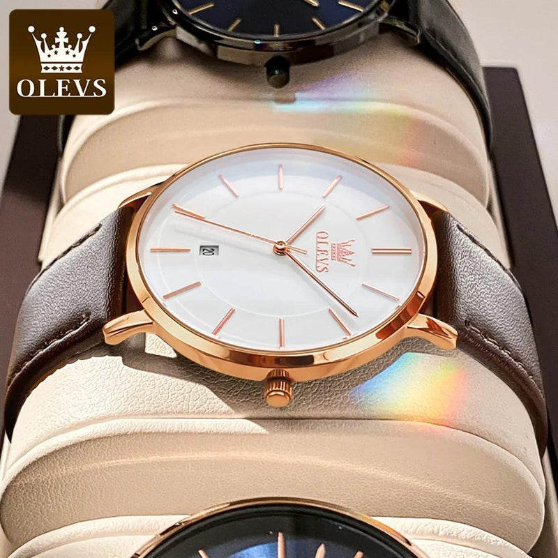 Top Brand OLEVS Ultra Thin 6.5mm Minimalist Fashion Quartz Watch for Men Leather Strap Auto Date Male Waterproof Mens Wristwatch - CRAVO ROSE