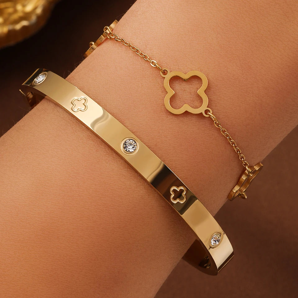 2Pcs Women's Lucky Clover And Heart Bracelet Set Stainless Steel Shiny Zircon Charm Party Jewelry Gift