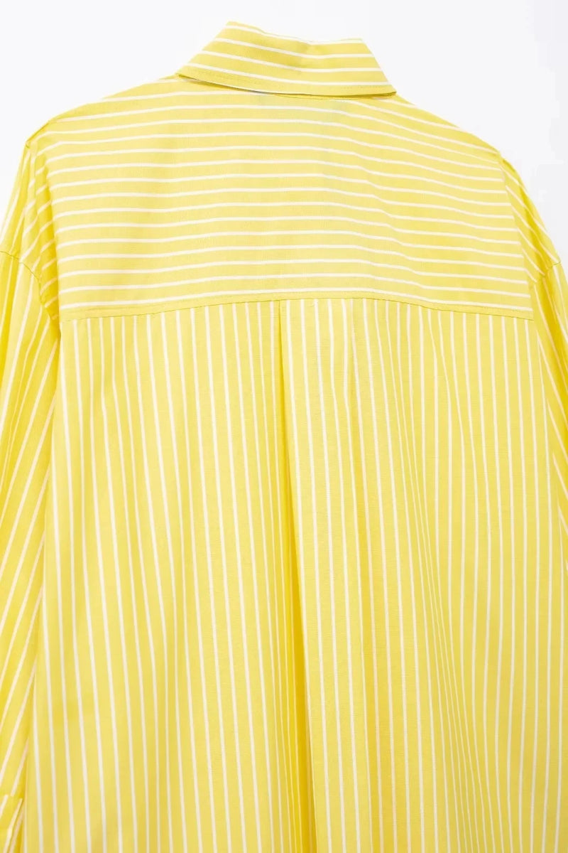 TRAFZA Blusa Listrada Amarela Feminina Calça Terno Camisa Solta Manga Longa Calças com Cordão