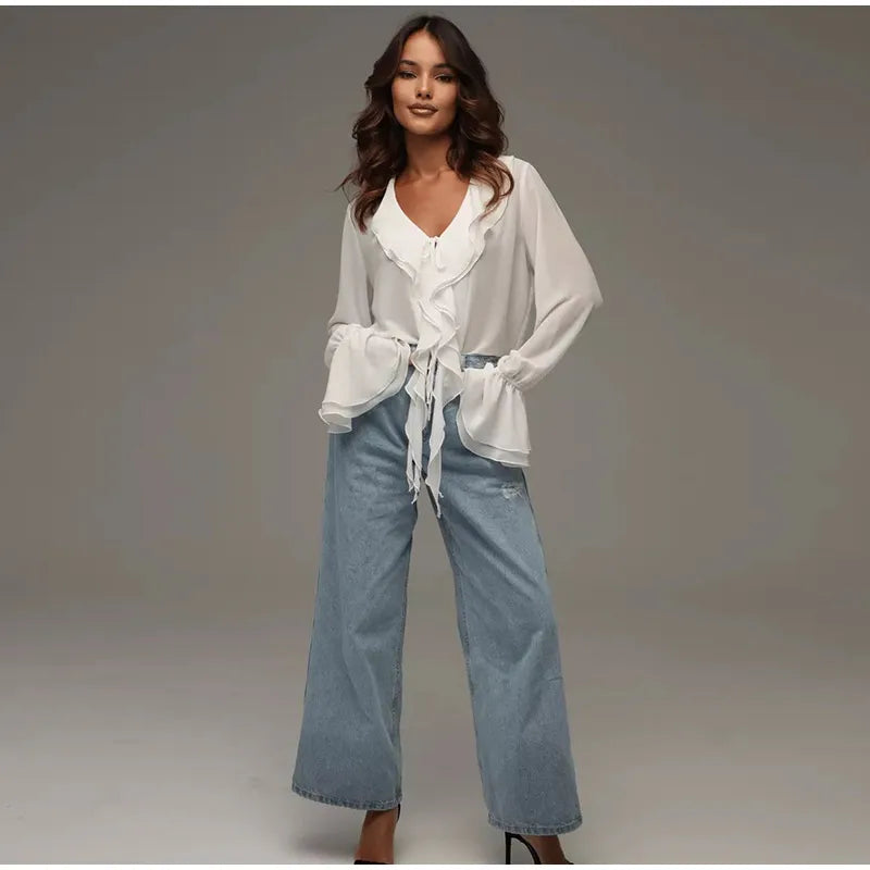 Blusa feminina elegante, azul, gola alta, babados, manga comprida, lisa, solta, chiffon, nova blusa feminina de verão 2025