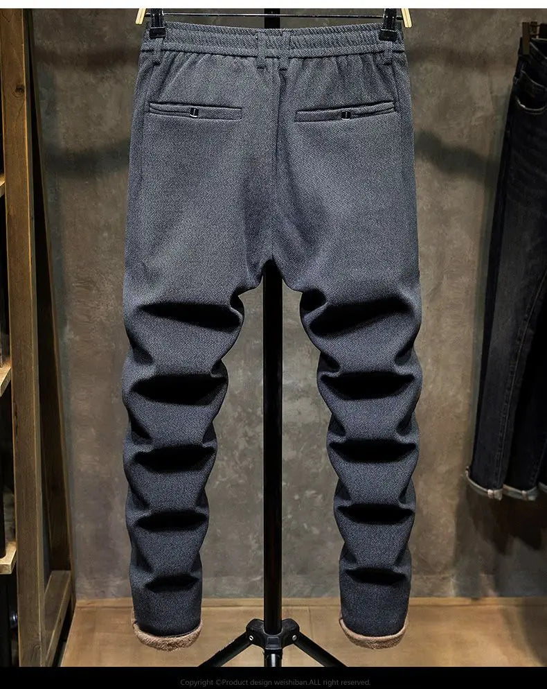 Korean Fashion Fleece Plush Mens Casual Full Length Elastic Waist Autumn and Winter Thickened Drawstring Sports Joggers Trousers