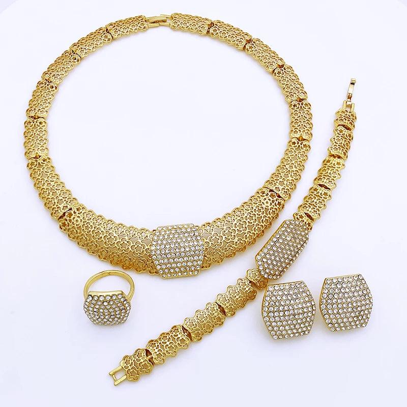 Dubai Gold Color Jewelry Set For Women Large Necklace Square Earrings Big Bracelet African Wedding Party Jewelry Free Shipping - CRAVO ROSE