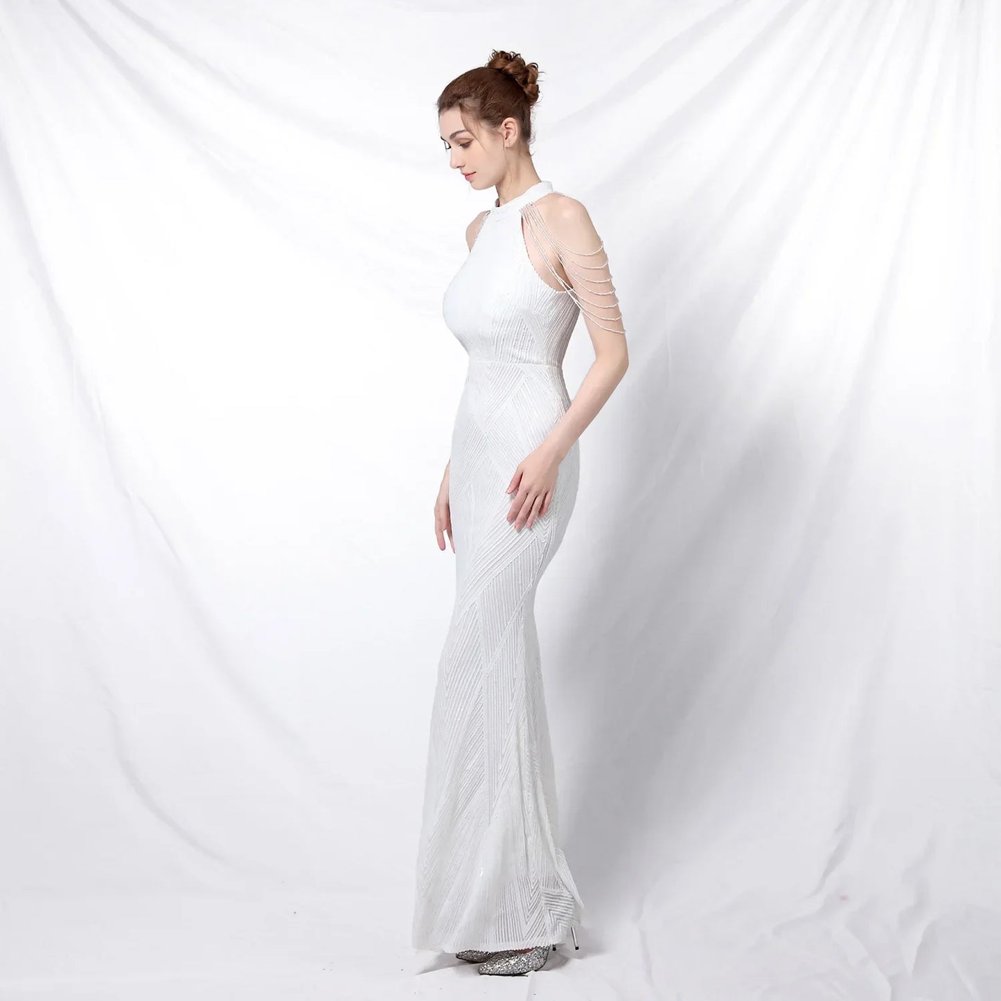 Xmas Sequin Maxi Dress Halter Neck Stripe Mermaid Long Lady Coctail Prom Dress Party Evening Dancing Performance Shimmering Wear