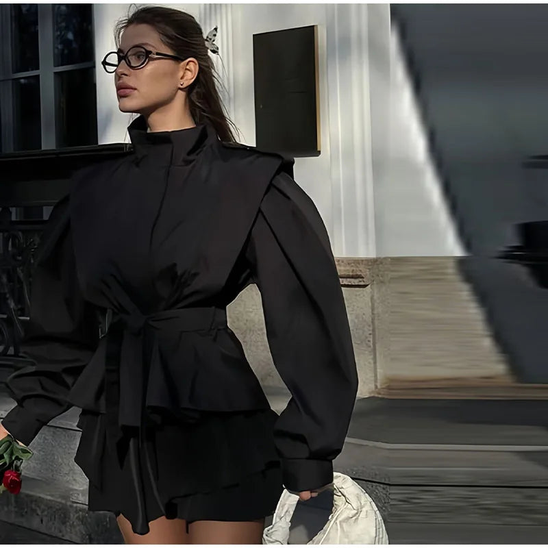 Fashion Stand Collar Belted Waist Short Jacket For Women Casual Puff Sleeve Wide Shoulder Coat Lady 2026 Chic Street Outerwear