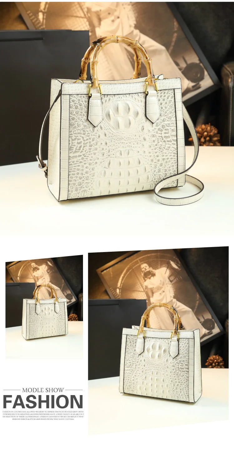 Brand Genuine Leather Real Bamboo Women's Bag Crocodile Pattern Handbag Portable Tote Bag Mom Tide Shoulder Messenger Bags