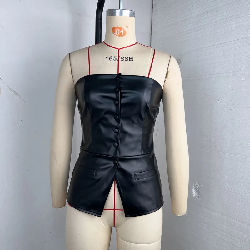 Pulôver Nsauye feminino, de um botão, sexy, sem alças, colete de couro, mini regata justa, moda verão 2025