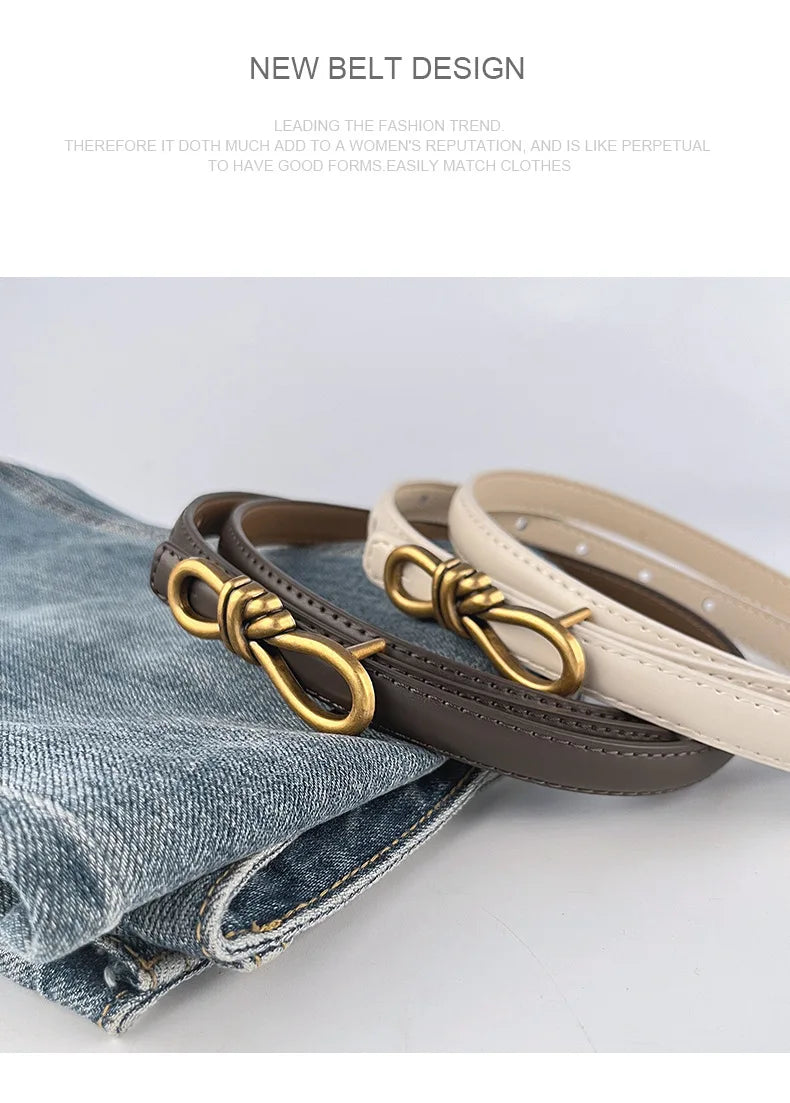 Korea Women Genuine Leather Knotted Thin Waist Belt Fashion Geometric Butterfly Gold Buckle Adjustable Corset Belt For Women