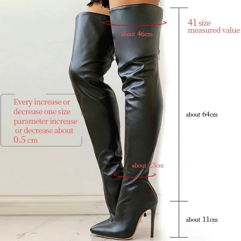 Botas femininas salto alto 11 cm acima do joelho tamanho grande 34-43 zíper traseiro botas de personalidade da moda