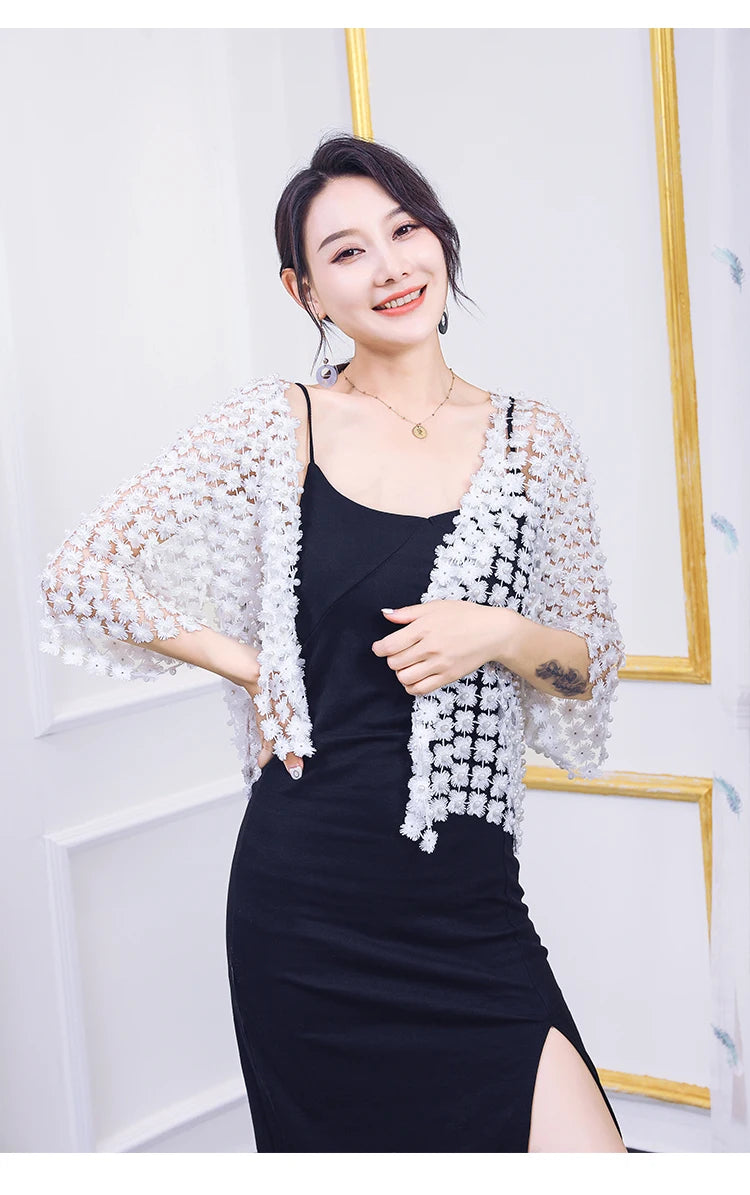 Women Beads Coat 2025 Summer Style Women Perspective Shawl Fashion Hollow Out Lace Boleros Short Sleeve Coats Jackets Femal
