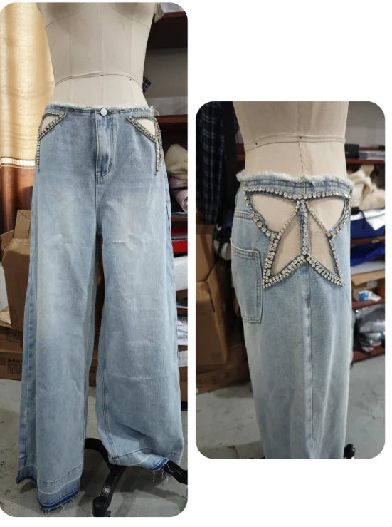 Y2k Hot Fix Rhinestone Cutout Women's Jeans Summer Street Low-rise Wide Leg Loose Denim Pants Lady New Fashion Party Trousers