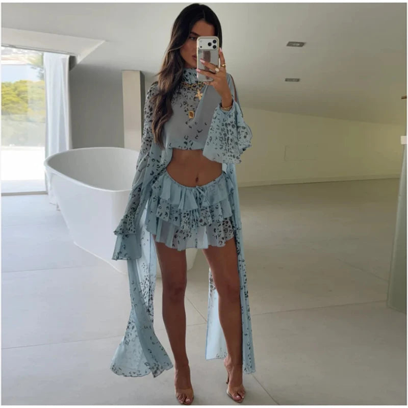 Sexy Women's Skirt Set Full Sleeve Crop Top Ruffle Hem Skirts Female Vacation Print Sets 2026 Summer Beach Fashion Lady Suit