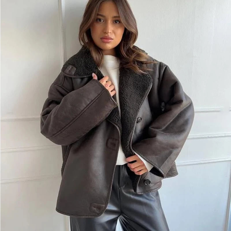 HXAO Faux Leather Jacket Winter Coat Female Button Long Sleeve Brown Jacket Demi-Season Faux Wool Coats And Mixtures Jacket