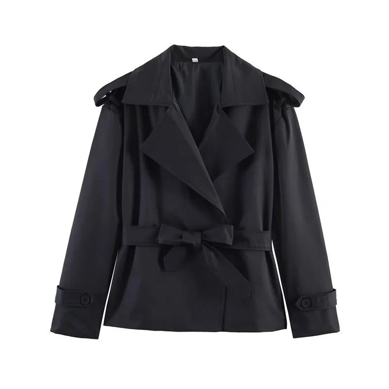 Women's Coat 2026 Spring New Style Solid Color Long Sleeve Belted Short Trench Coat European and American Personalized Fashion