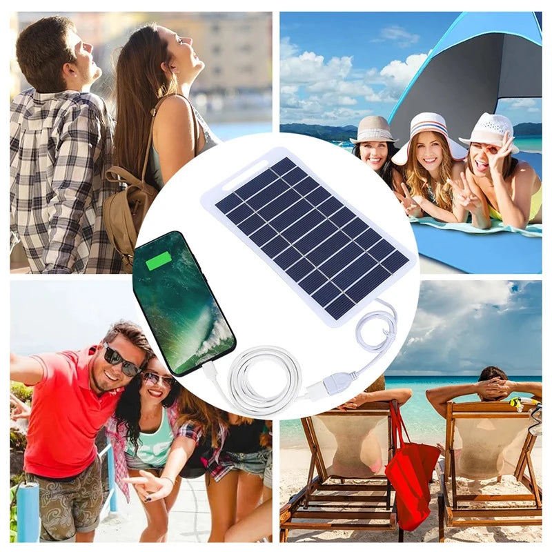 Painel solar de 2 W e 5 W com USB à prova d'água para caminhadas ao ar livre e acampamento, bateria portátil, carregador de celular, painel de carregamento de 5 V