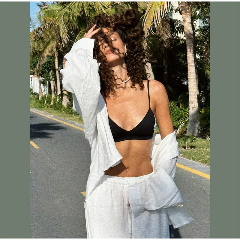 Conjunto casual de calças retas e soltas, moda primavera e outono, manga comprida, camisa de botão único, roupa chique