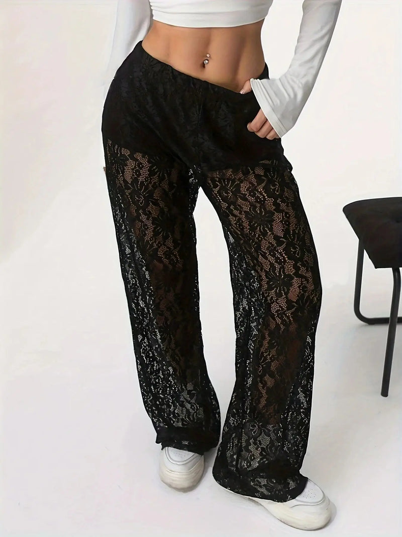 Calça casual de cintura renda jacquard micro transparente, emenda reta
