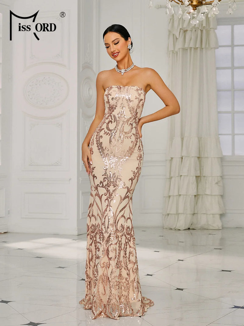 Missord Pink Sequin Long Evening Dress Women Elegant Strapless Sleeveless Bodycon Maxi Party Prom Mermaid Hem Dresses Lady Gown