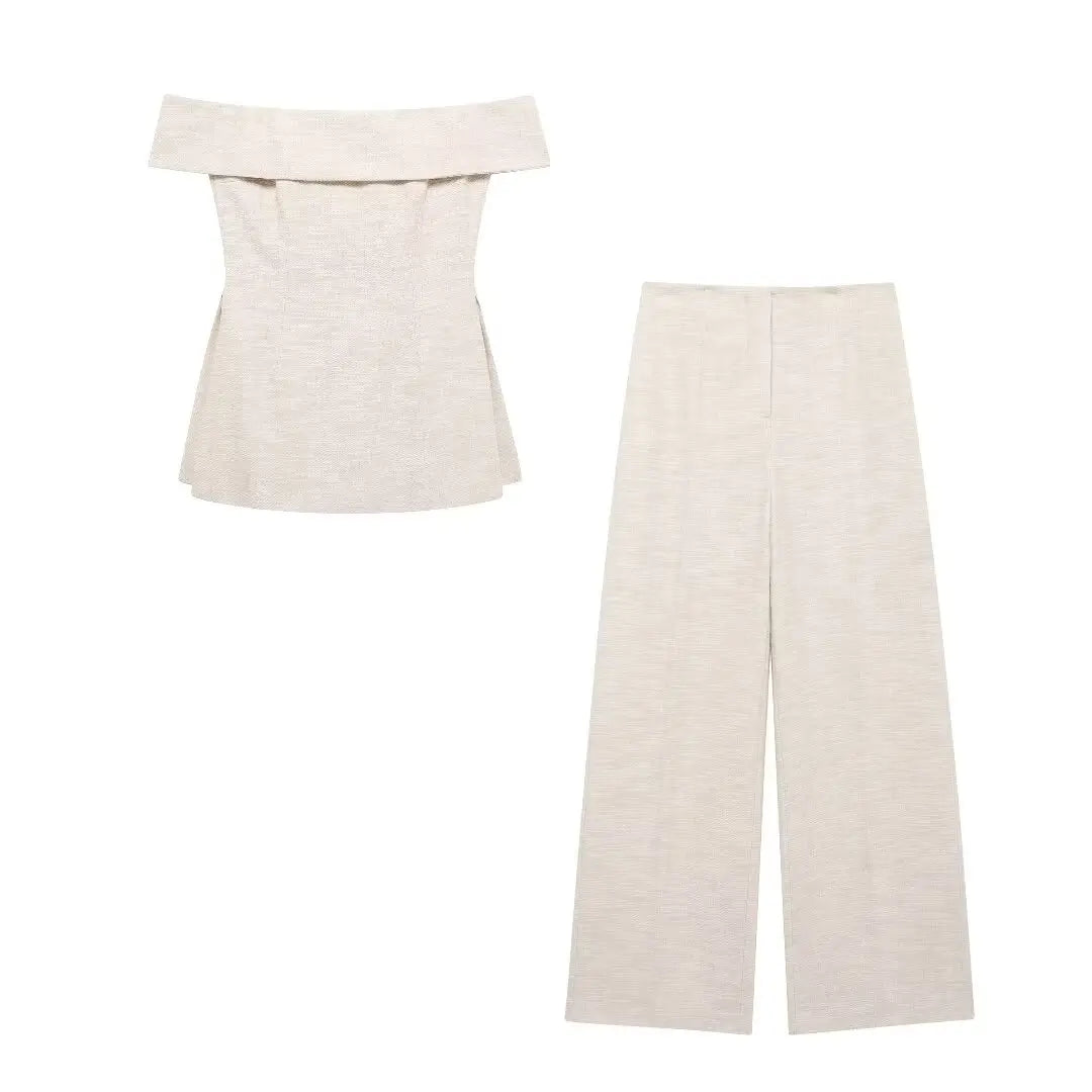 DUOPERI Women Fashion 2 Piece Sets Khaki Backless Zipper Corset Tops & Wide Leg Pants Female Chic Lady Trousers Suit
